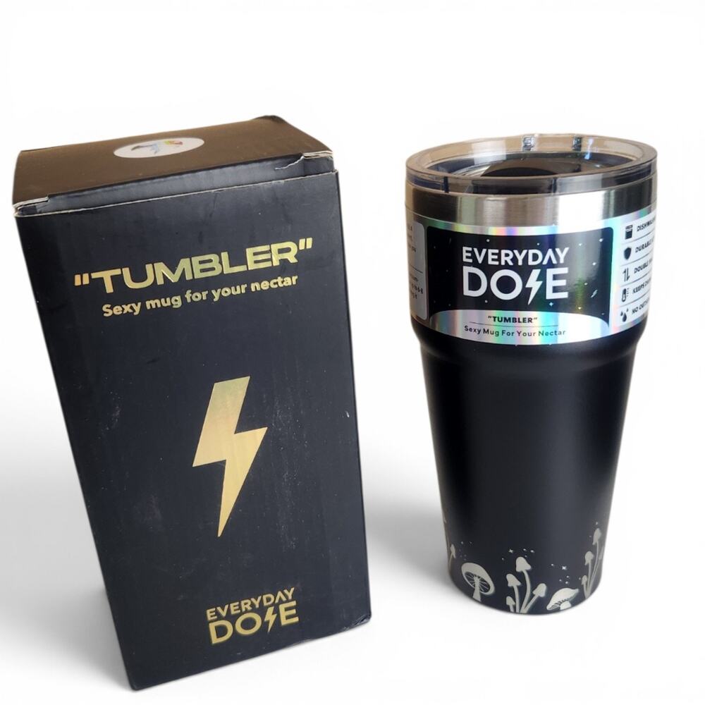 NEW Everyday Dose Coffee Travel Mug 16 oz Tumbler Black Clean Glass Mushrooms